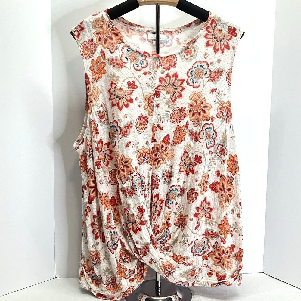 J Jill Womens White Orange Red Floral Twist Front Linen Tank Top Shirt Size XL
